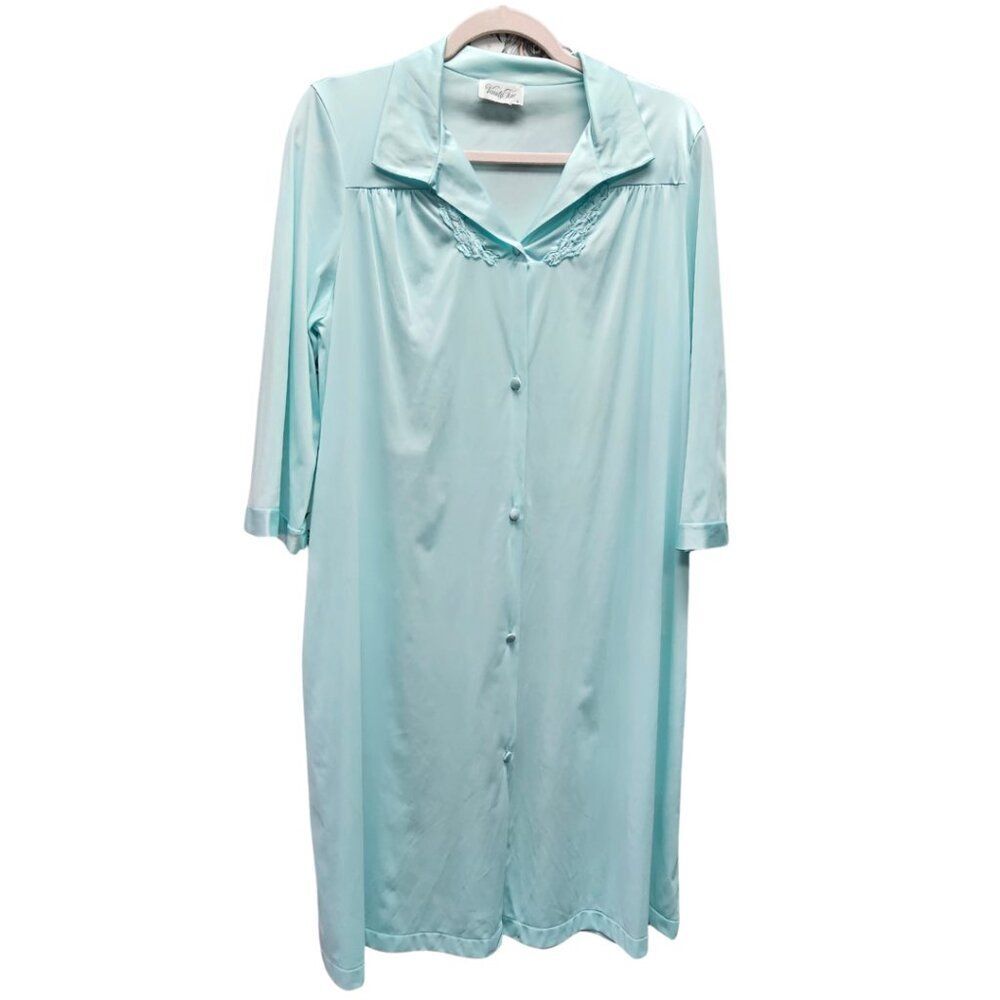 VANITY FAIR Vintage Satiny Robe Lightweight S Blue Button Up Long Sleeve Floral